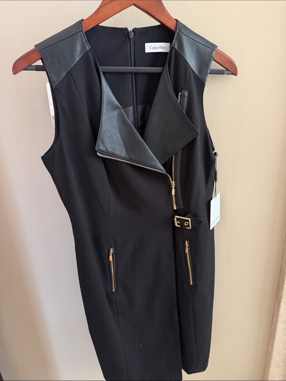 Calvin Klein Black Sleeveless Black Moto Sheath Dress with Leather Trim -8P NWT